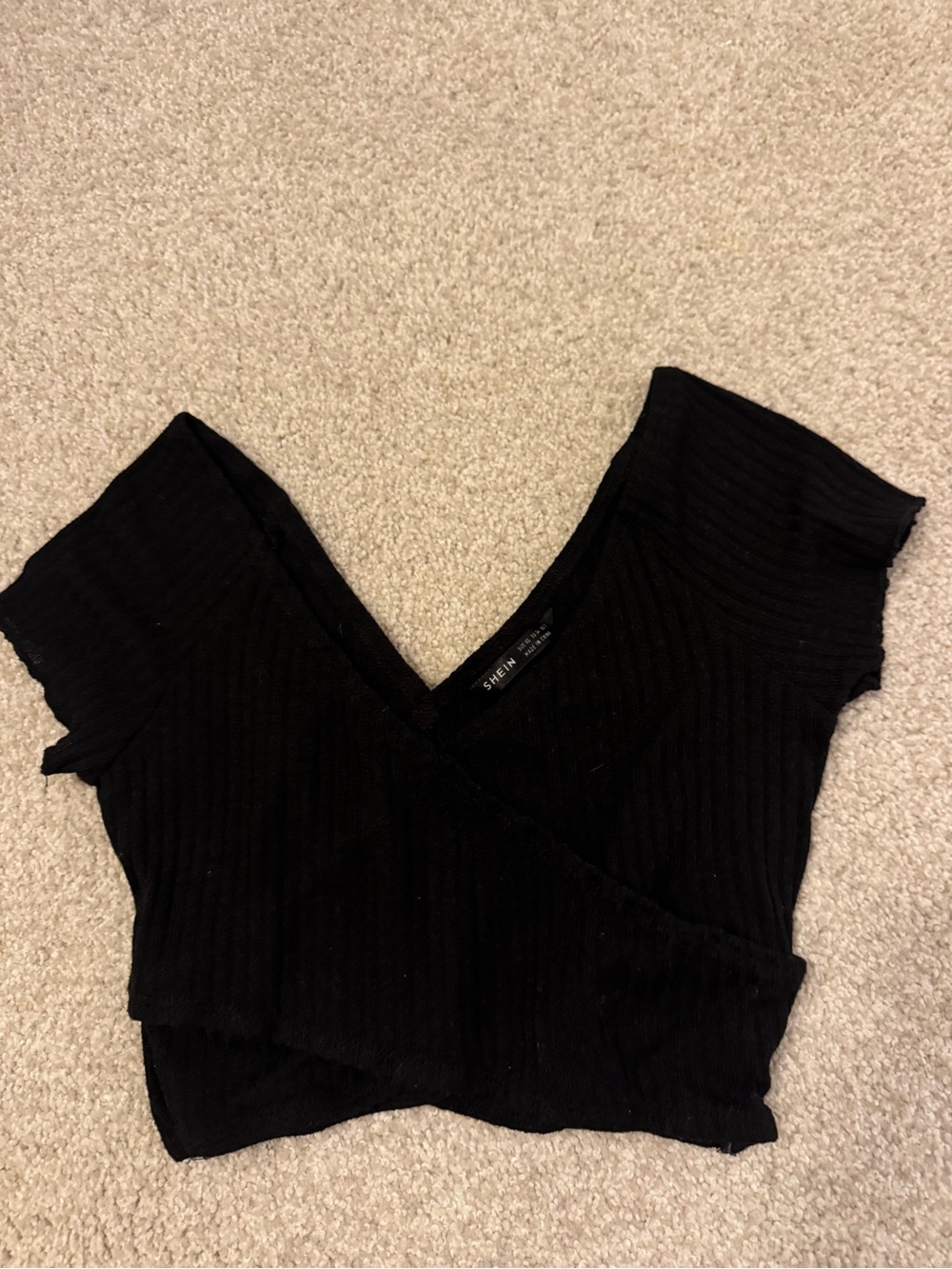 SHEIN Black Ribbed Wrap-Style Crop Top